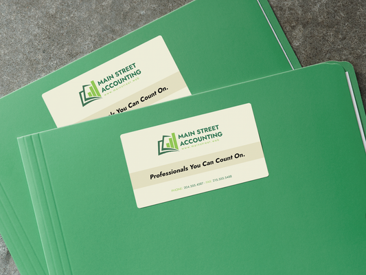 Business card stickers applied to presentation folders