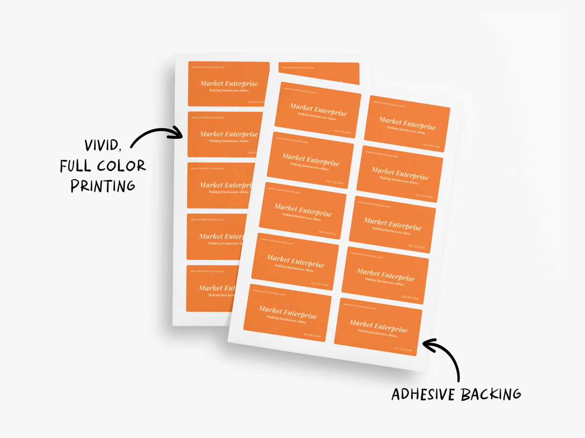 White paper business card stickers supplied on sheets