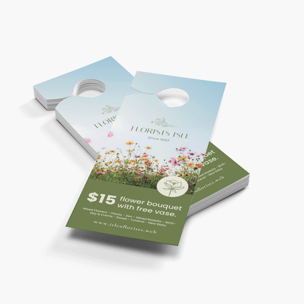 Example paper door hangers with a floral shop promotion.
