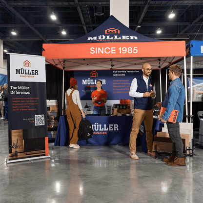 Custom printed canopy tent at a business booth — optional walls and accessories shown