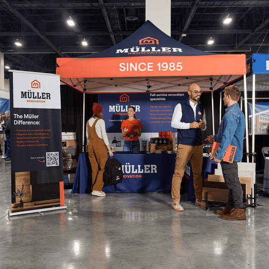 Custom printed canopy tent at a business booth — optional walls and accessories shown