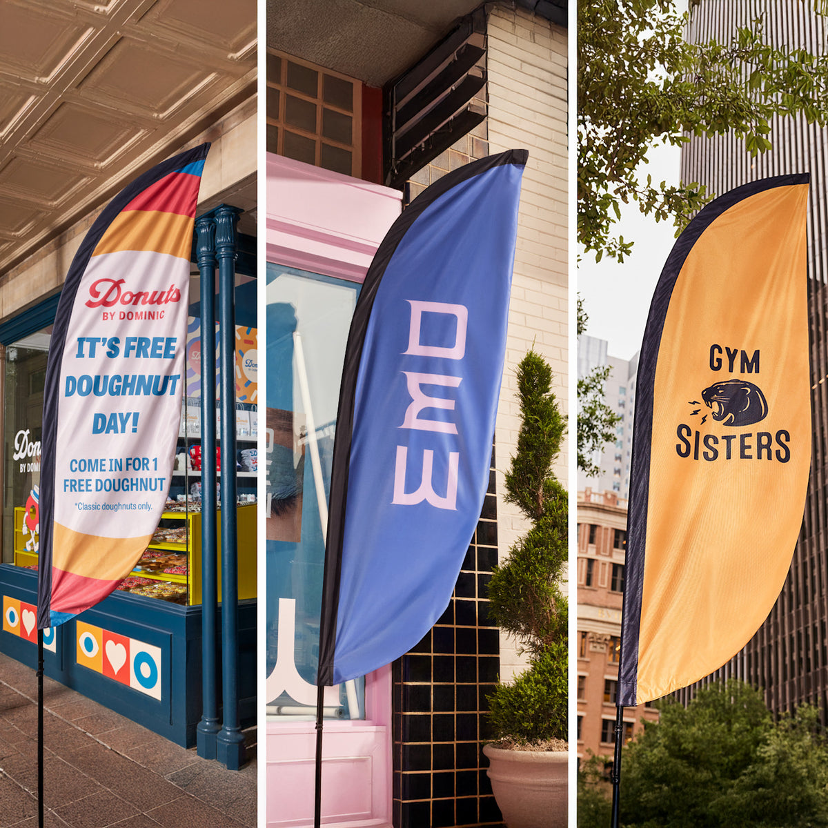 Custom feather flags with sample promotional artwork