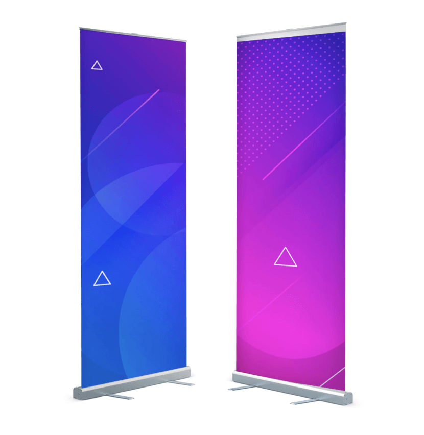 Standard silver retractable banner stand with custom printed banner examples