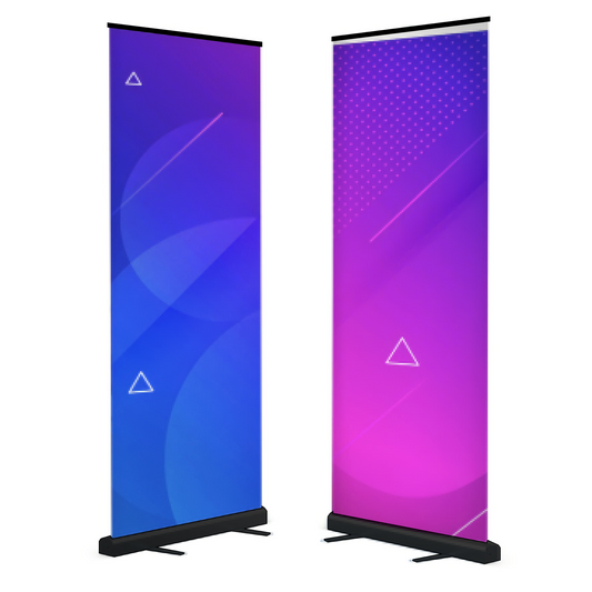 Standard black retractable banner stand with custom printed banner examples
