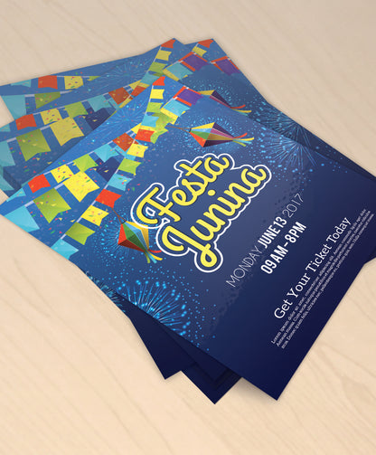 Sample full-colour gloss text flyers supplied flat with a blue festival design.