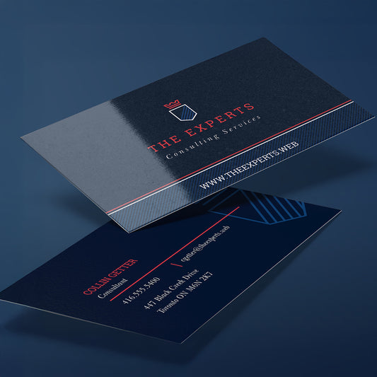Example glossy business cards showing a blue design and reflective surface.