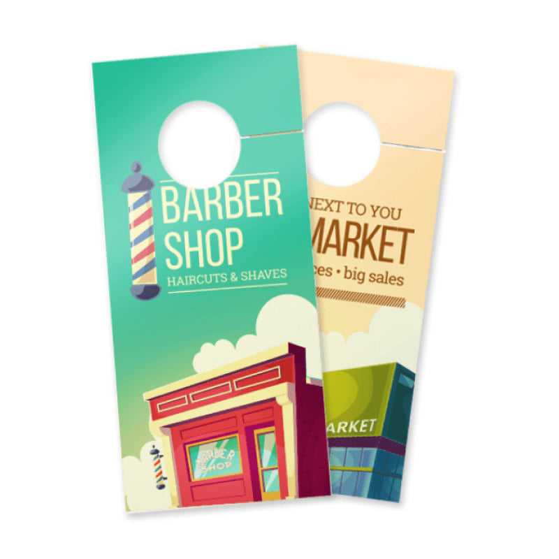 Sample matte paper door hangers with die-cut hanging holes and printed artwork.