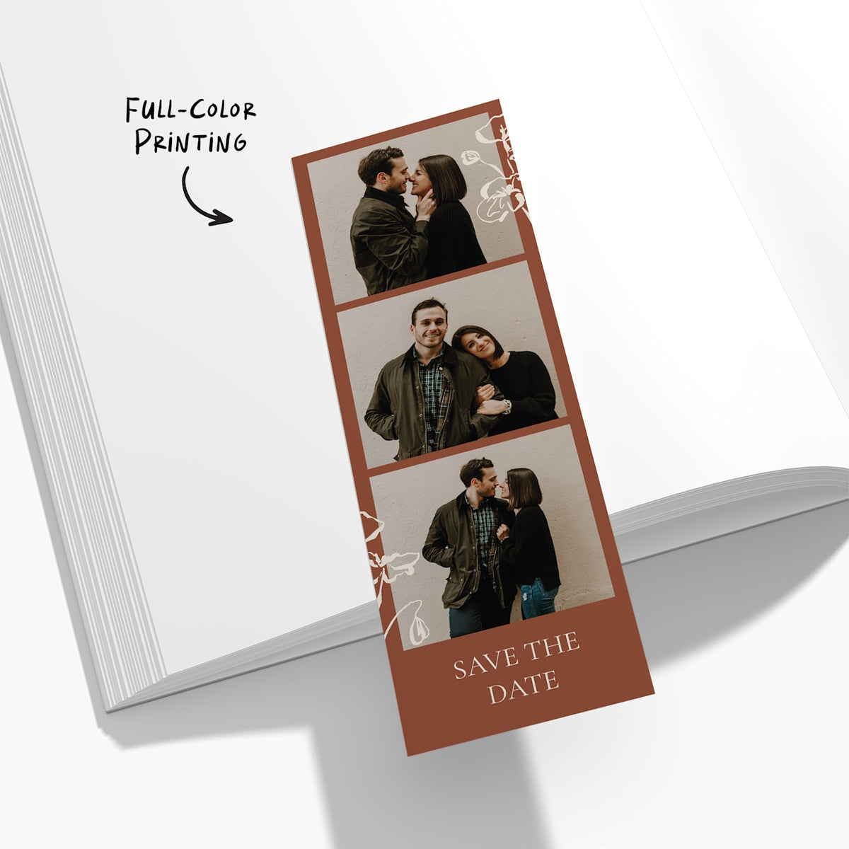 Example custom photo bookmark resting on an open book.