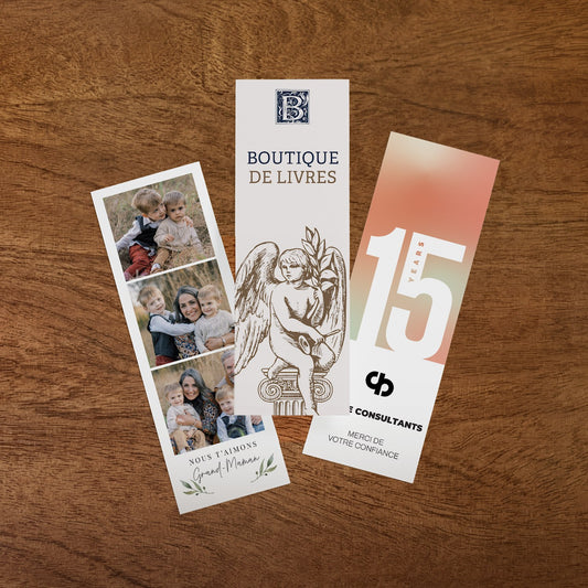 Examples of custom printed paper bookmarks with different artwork layouts.