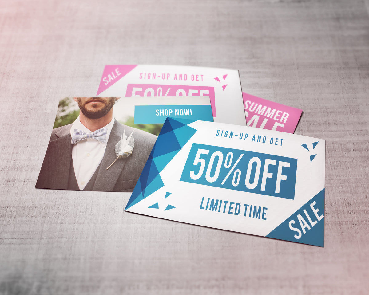 Sample matte postcards with printed promotional artwork; the pictured promotion is an example only.