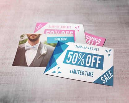 Sample matte postcards with printed promotional artwork; the pictured promotion is an example only.