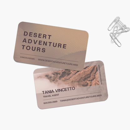 Example rounded-corner business cards showing front and back layouts.