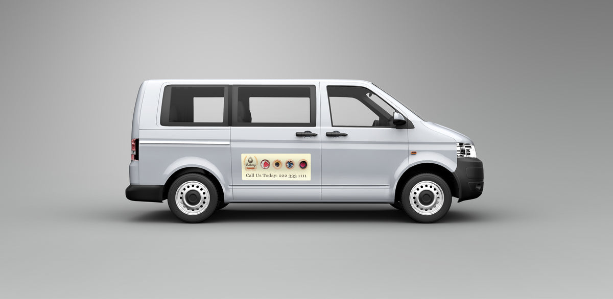 Example of a rectangular printed car magnet applied to a van side.
