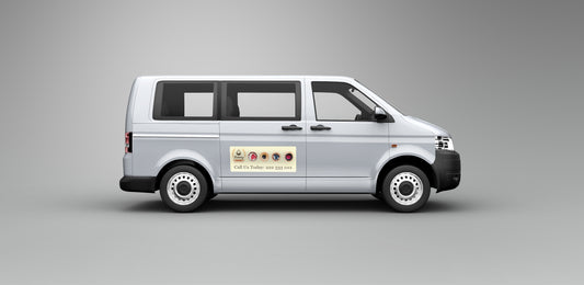 Example of a rectangular printed car magnet applied to a van side.