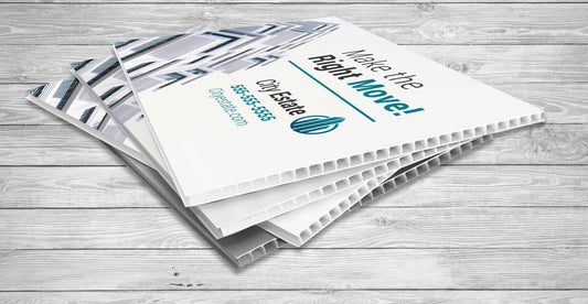 Representative printed coroplast sign examples; selected thickness is specified separately.