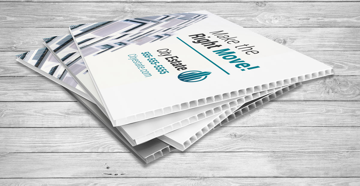 Representative printed coroplast sign examples; selected thickness is specified separately.