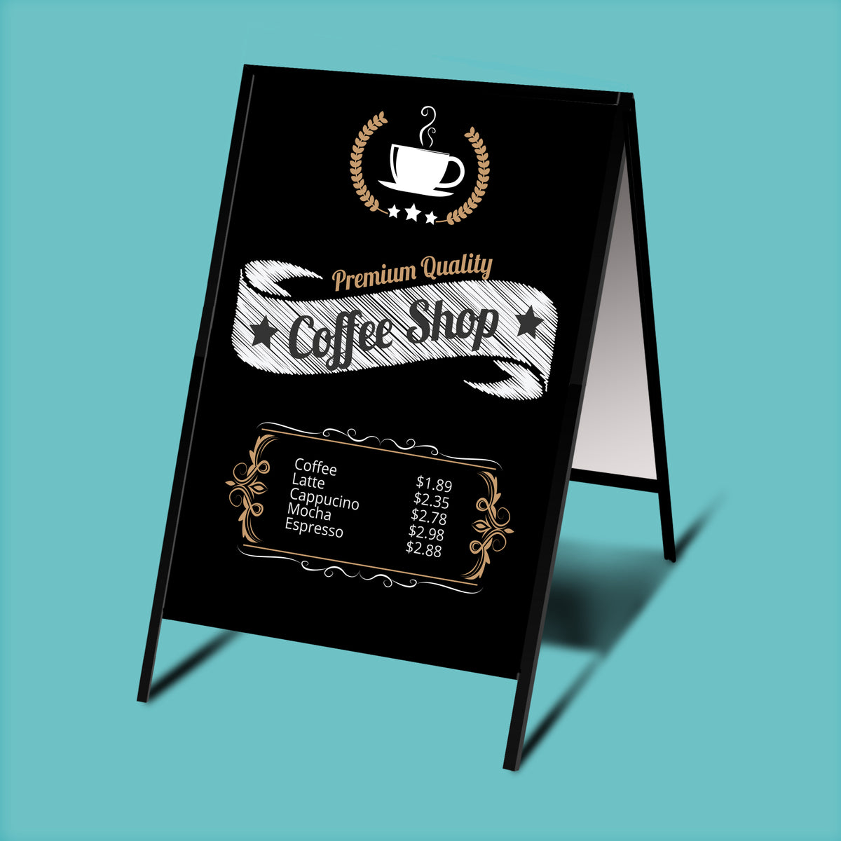 Printed A-frame sign-kit example with a metal frame and two sign faces.