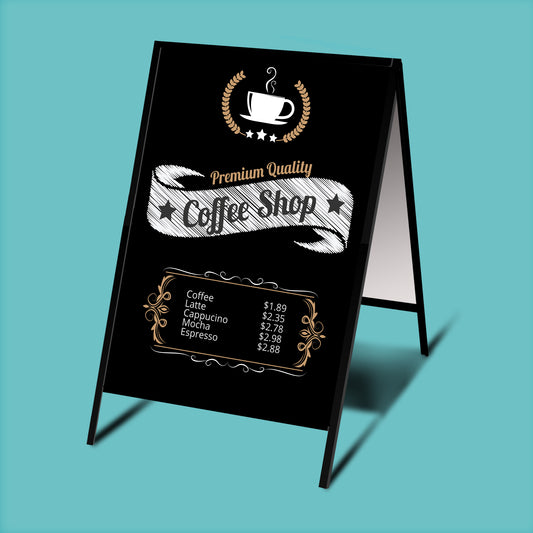 Printed A-frame sign-kit example with a metal frame and two sign faces.