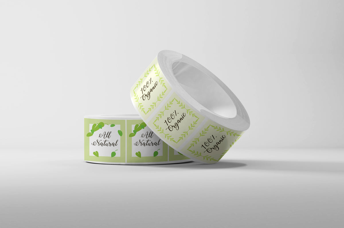 Representative custom roll-label examples; stock and finish are specified separately. Square-label example.