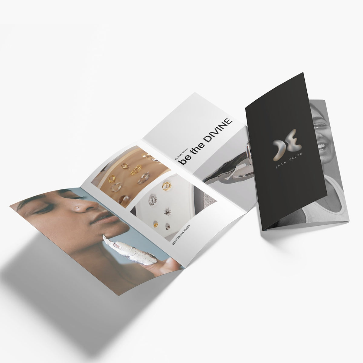 Example trifold brochures showing open and partially folded views.